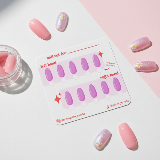 Flat lay mockup of printed press-on nail sizing card